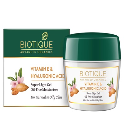 VITAMIN E & HYALURONIC ACID, Super Light Gel, Biotique (Сверхлегкий безмасляный увлажняющий ГЕЛЬ ДЛЯ ЛИЦА с Витамином Е и Гиалуроновой кислотой, Биотик), 175 г.