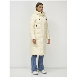 Пальто утепленное стеганное зимнее с капюшоном женское светло-бежевого цвета 9636_1SB