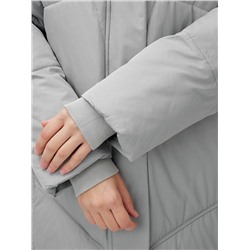 Пальто летучая мышь женское с капюшоном зимнее серого цвета 9616Sr