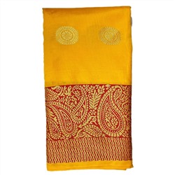 BANARASI BUTTA Сари однотонное ЖЕЛТОЕ, с каймой КРАСНОГО цвета и Золотистой вышивкой (Size: Onesize, с отрезом для блузы), 1 шт.