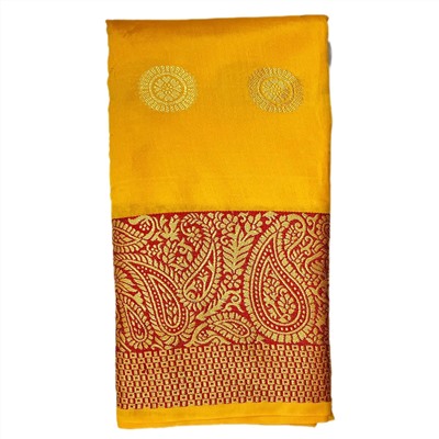 BANARASI BUTTA Сари однотонное ЖЕЛТОЕ, с каймой КРАСНОГО цвета и Золотистой вышивкой (Size: Onesize, с отрезом для блузы), 1 шт.