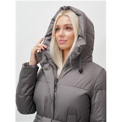 Пальто утепленное стеганное зимнее с капюшоном женское темно-серого цвета 9605TC
