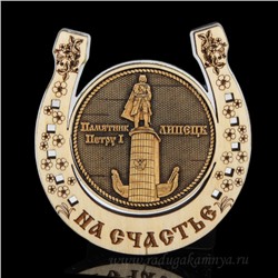 Магнит из бересты г. Липецк "Памятник Петру 1" Подкова 77*82мм вставка серебристая