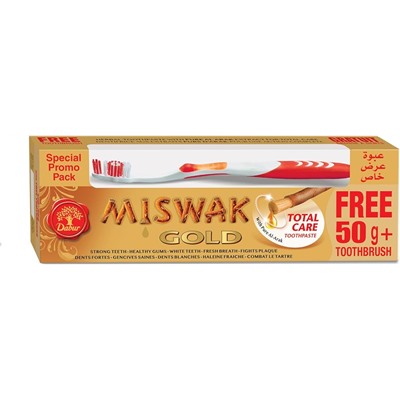 MISWAK Gold, Total Care Toothpaste, Dabur (МИСВАК ГОЛД, зубная паста с чистым экстрактом дерева Аль-Араке, Дабур), 170 г. + ЗУБНАЯ ЩЕТКА