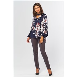 Блузка прямая с широким рукавом с цветочным принтом на синем