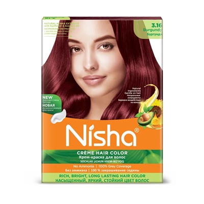 BURGUNDY 3.16 Nisha Creme Hair Color (БУРГУНДИ 3.16 крем-краска для волос, Ниша), 20 г + 20 мл + 6 мл.