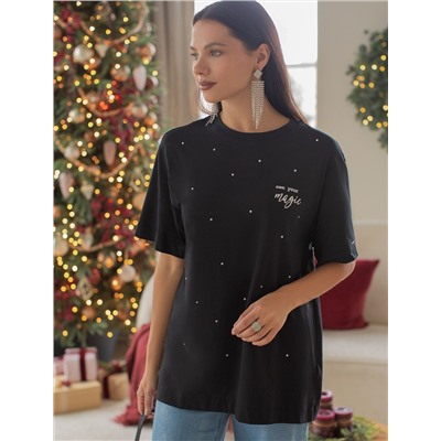 Удлиненная футболка over-size с  принтом стразами