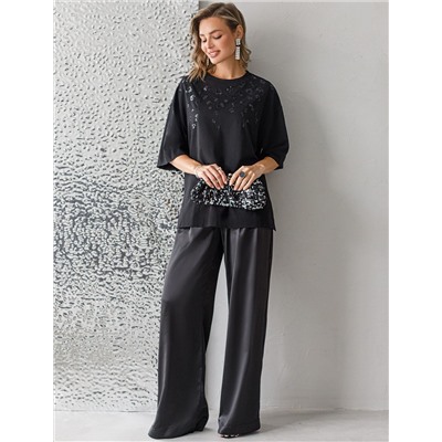 Футболка оверсайз с принтом пайетками из премиального хлопка с эластаном