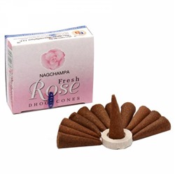 FRESH ROSE DHOOP CONES, Satya (СВЕЖАЯ РОЗА конусные благовония, Сатья), уп. 12 конусов + подставка.