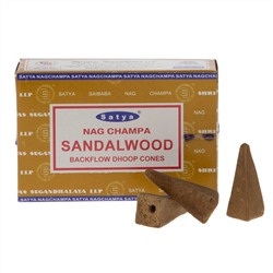 Nag Champa SANDALWOOD, Backflow Dhoop Cones, Satya (Наг Чампа САНДАЛОВОЕ ДЕРЕВО, благовония пуля стелющийся дым, Сатья), уп. 10 конусов.