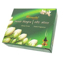SWEET MOGRA Dhoop Cones, Aromatika (СЛАДКАЯ МОГРА конусные благовония, Ароматика), уп. 25 г. + подставка.