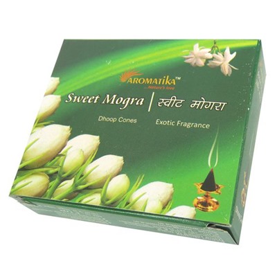 SWEET MOGRA Dhoop Cones, Aromatika (СЛАДКАЯ МОГРА конусные благовония, Ароматика), уп. 25 г. + подставка.