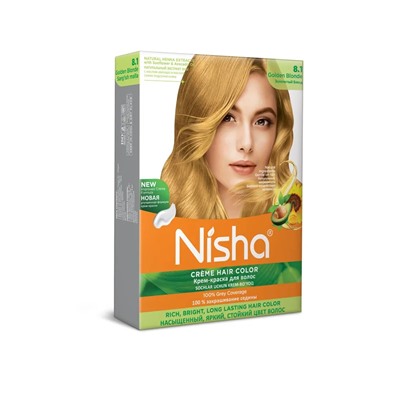 GOLDEN BLONDE 8.1 Nisha Creme Hair Color (ЗОЛОТИСТЫЙ БЛОНД 8.1 крем-краска для волос, Ниша), 20 г + 20 мл + 6 мл.