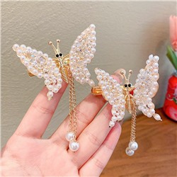 Движущаяся заколка-бабочка на пружинке ЖЕМЧУЖНАЯ с подвеской