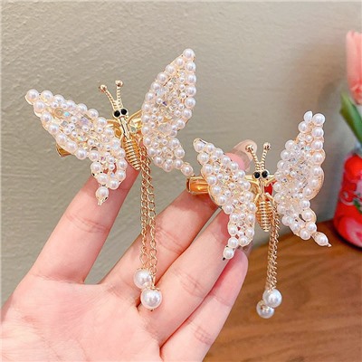 Движущаяся заколка-бабочка на пружинке ЖЕМЧУЖНАЯ с подвеской