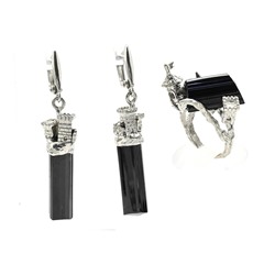 Кольцо и серьги турмалин шерл, размер-18