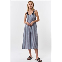 Платье летнее а-силуэта на бретельках из хлопка в полоску на серо-голубом