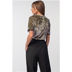 Блузка бархатная прямая с коротким рукавом серо-зеленая