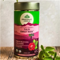 TULSI SWEET ROSE, Delicious and Aromatic, Organic India (Чай ТУЛСИ СЛАДКАЯ РОЗА, Органик Индия), банка 100 г.