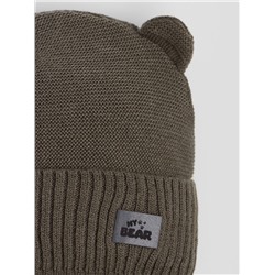 Шапка вязаная детская на завязках с отворотом, ушки мишки, нашивка My Bear+снуд, хаки