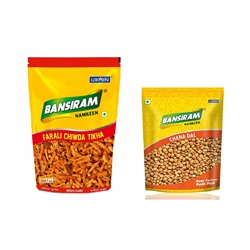 НАБОР Bansiram: FARALI CHIWDA TIKHA Namkeen (Снэк ФАРАЛИ ЧИВДА ТИКХА), 400 г. + CHANA DAL (ЧАНА ДАЛ), 200 г. - СРОК ГОДНОСТИ ДО 4 МАРТА 2025 ГОДА