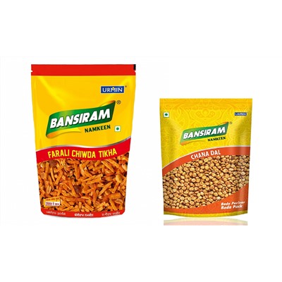 НАБОР Bansiram: FARALI CHIWDA TIKHA Namkeen (Снэк ФАРАЛИ ЧИВДА ТИКХА), 400 г. + CHANA DAL (ЧАНА ДАЛ), 200 г. - СРОК ГОДНОСТИ ДО 4 МАРТА 2025 ГОДА