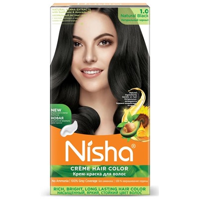 NATURAL BLACK 1.0 Nisha Creme Hair Color (НАТУРАЛЬНЫЙ ЧЁРНЫЙ 1.0 крем-краска для волос, Ниша), 60 г + 60 мл + 18 мл.