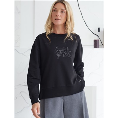 Свободный свитшот с принтом и разрезами из эластичного футера двухнитки без начеса