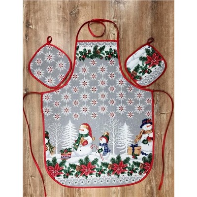 Кухонный набор "Новогодние снеговики"-сер. 3 пр. рогожка хлопок 100%