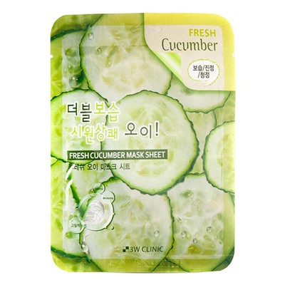 3W CLINIC Маска тканевая д/лица  с экстр.огурца  Fresh Cucumber Sheet mask 23л АКЦИЯ! СКИДКА 5%