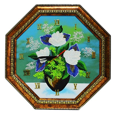 Часы-картина в багете восьмигранные, пейзаж ирисы в вазе, 37*37см, 600гр