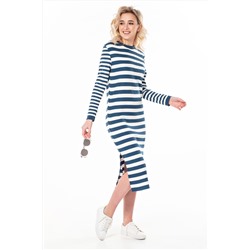 Платье прямое миди с длинным рукавом в белую полоску на зеленом