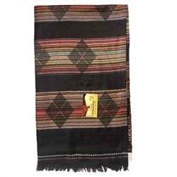 PASHMINA SHAWLS, Тёплый тибетский палантин ЧЕРНАЯ В РАЗНОЦВЕТНУЮ ПОЛОСКУ С РОМБАМИ (размер 200 см. х 90 см.), 1 шт.