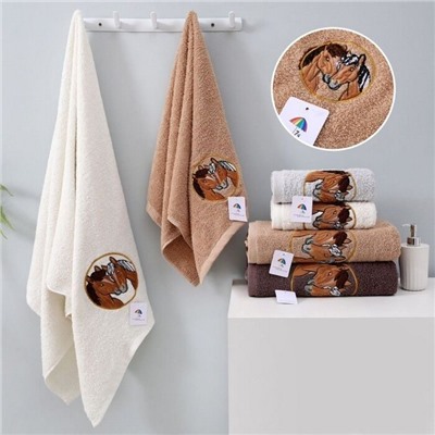 Махровое полотенце "Пара лошадей"- ШОКОЛАД 45*90 см. хлопок 100%