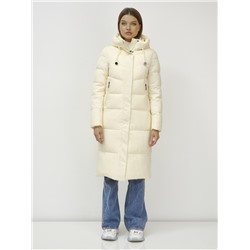 Пальто утепленное стеганное зимнее с капюшоном женское светло-бежевого цвета 9636_1SB