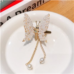 Движущаяся заколка-бабочка на пружинке ЖЕМЧУЖНАЯ с подвеской