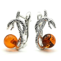 Серьги Змей 9*19мм с янтарём цв.коньячный, 3,3г.
