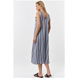 Платье летнее а-силуэта на бретельках из хлопка в полоску на серо-голубом