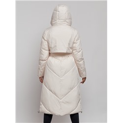 Пальто утепленное молодежное зимнее женское светло-бежевого цвета 52356SB