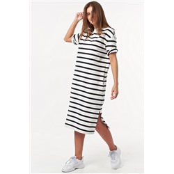 Платье прямое миди из футера в полоску на белом