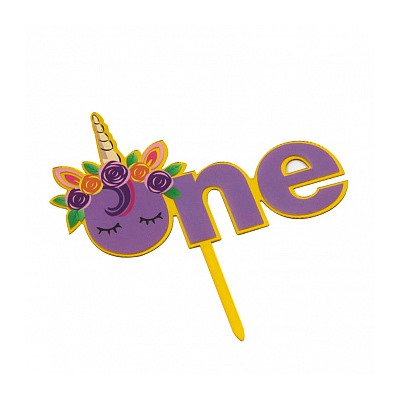 Топпер "One, единорог с цветами" фиолетовый 8,5*14 см