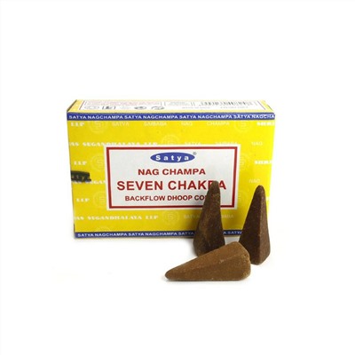 NAG CHAMPA SEVEN CHAKRA Backflow Dhoop Cones, Satya (НАГ ЧАМПА СЕДЬМАЯ ЧАКРА благовония пуля стелющийся дым, Сатья), уп. 10 конусов.