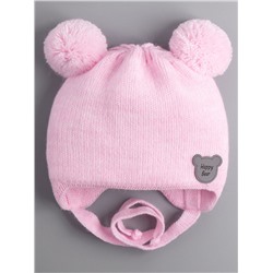 Шапка вязаная детская с двумя бубонами, на завязках, нашивка HAPPY BEAR, розовый