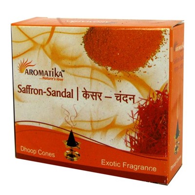 SAFFRON SANDAL DHOOP CONES, Aromatika (ШАФРАН САНДАЛ конусные благовония, Ароматика), уп. 25 г. + подставка.