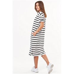 Платье прямое миди из футера в полоску на белом