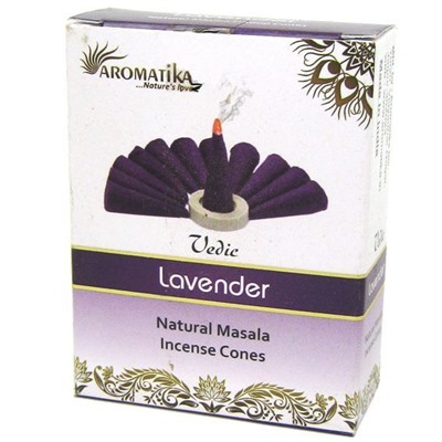 Vedic LAVENDER Natural Masala Incense Cones, Aromatika (Ведик ЛАВАНДА, натуральные конусные благовония, Ароматика), уп. 10 конусов.