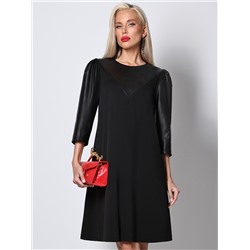Платье черное с рукавами и кокеткой из экокожи