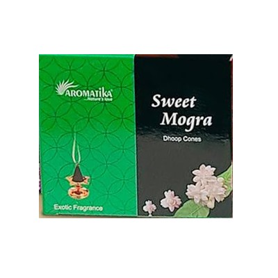 SWEET MOGRA Dhoop Cones, Aromatika (СЛАДКАЯ МОГРА конусные благовония, Ароматика), уп. 25 г. + подставка.
