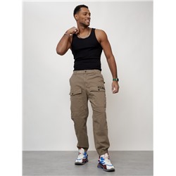Джинсы карго мужские с накладными карманами бежевого цвета 2417B