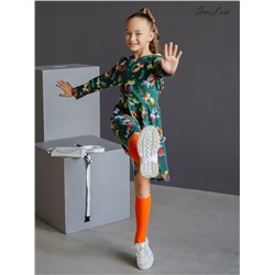 Платье Эля лисы разноцветные на зеленом